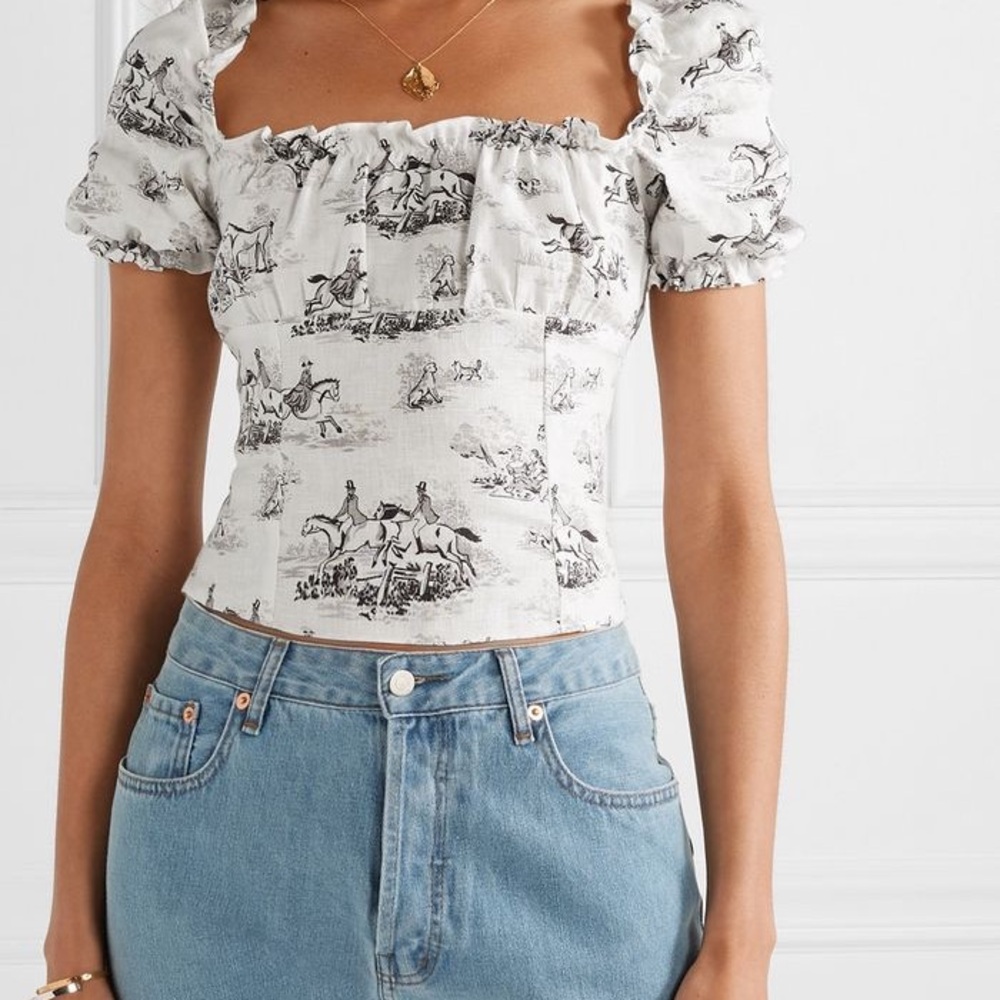 ISO————-Reformation White and Black Printed Blouse